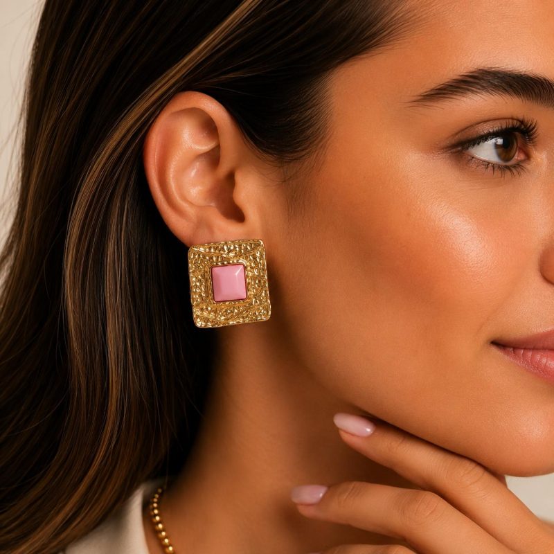 Aura Mosaic pembe taşlı gold kadın küpesi