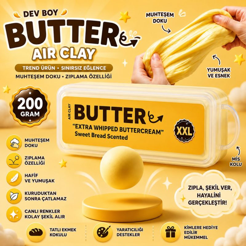 Butter Air Clay 200 gram sarı yumuşak ve esnek modelleme oyun hamuru