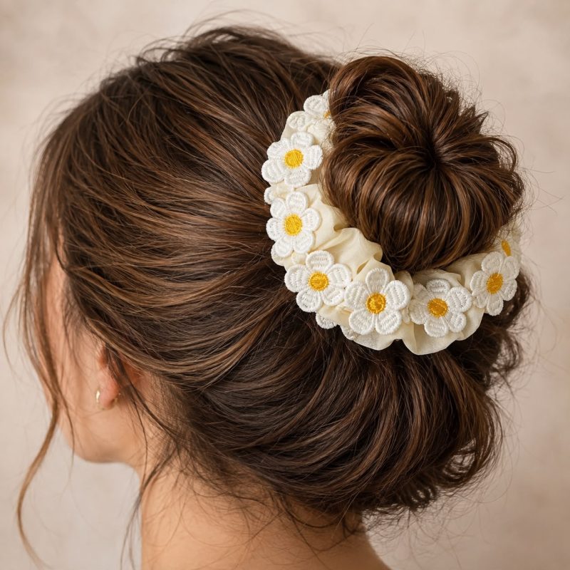 Daisy Bloom papatya detaylı beyaz saç tokası model üzerinde.