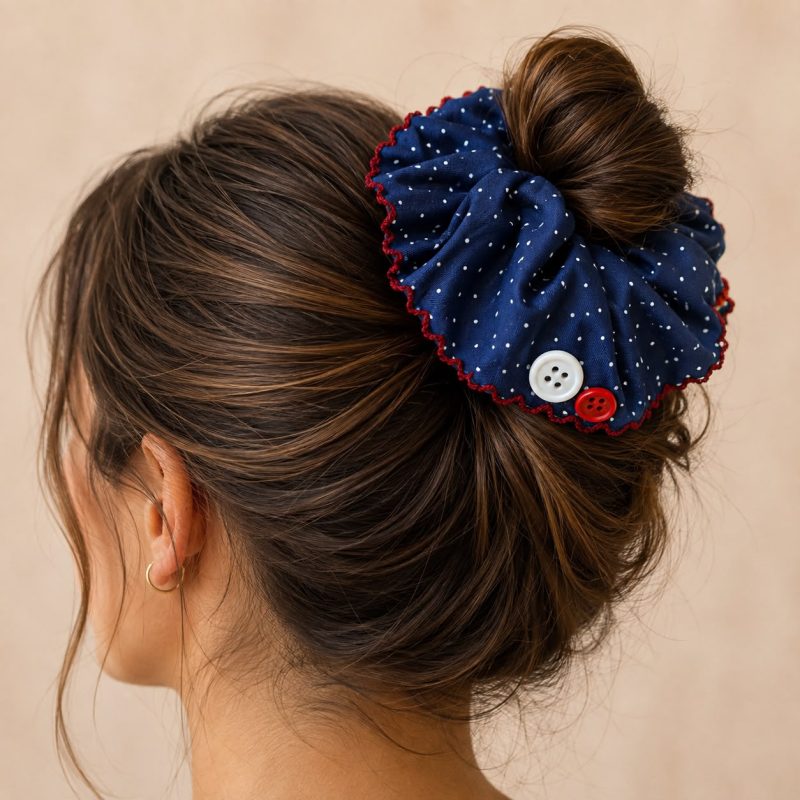 Lacivert puantiyeli kırmızı biyeli düğme detaylı scrunchie saç tokası