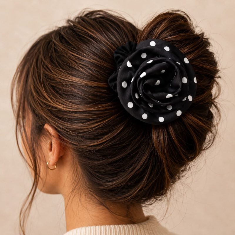 Noir Blush Rosette siyah beyaz puantiyeli saten gül saç tokası model üzerinde.