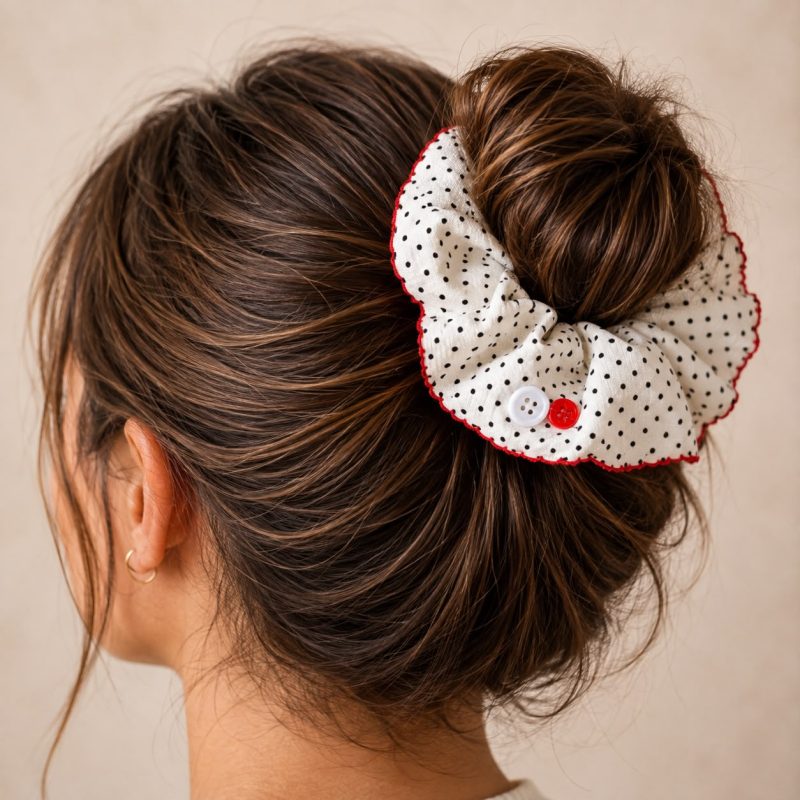 Parisian Dot kırmızı biyeli beyaz puantiyeli scrunchie model üzerinde.